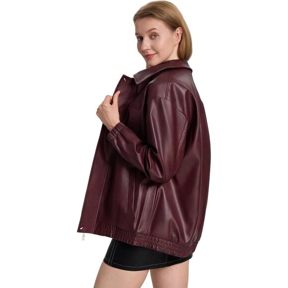 Women's Burgundy Faux Leather Zip-Up Jacket with Elastic Cuffs and Collar - Picture 4 of 6
